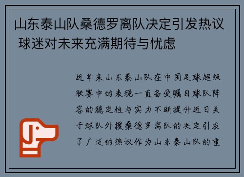 山东泰山队桑德罗离队决定引发热议 球迷对未来充满期待与忧虑
